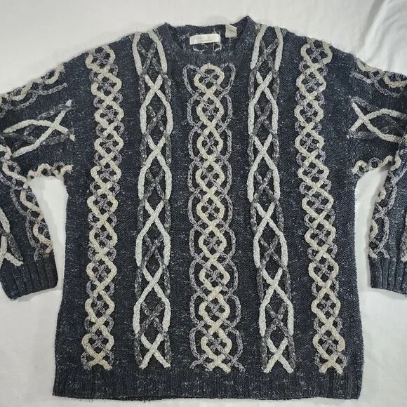 Perry Ellis Sweater Men's XL Gray Vintage Hand Knit 3D Chunky Cable‎ Knitted